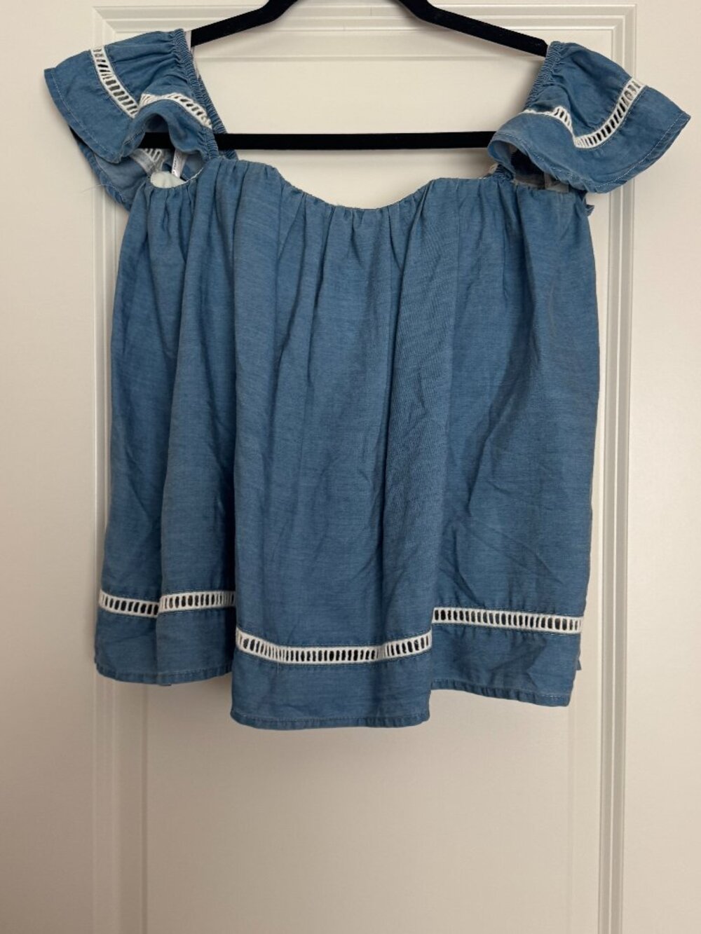 Lovers + Friends Chambray Off Shoulder Open Back Ruffle Top XS